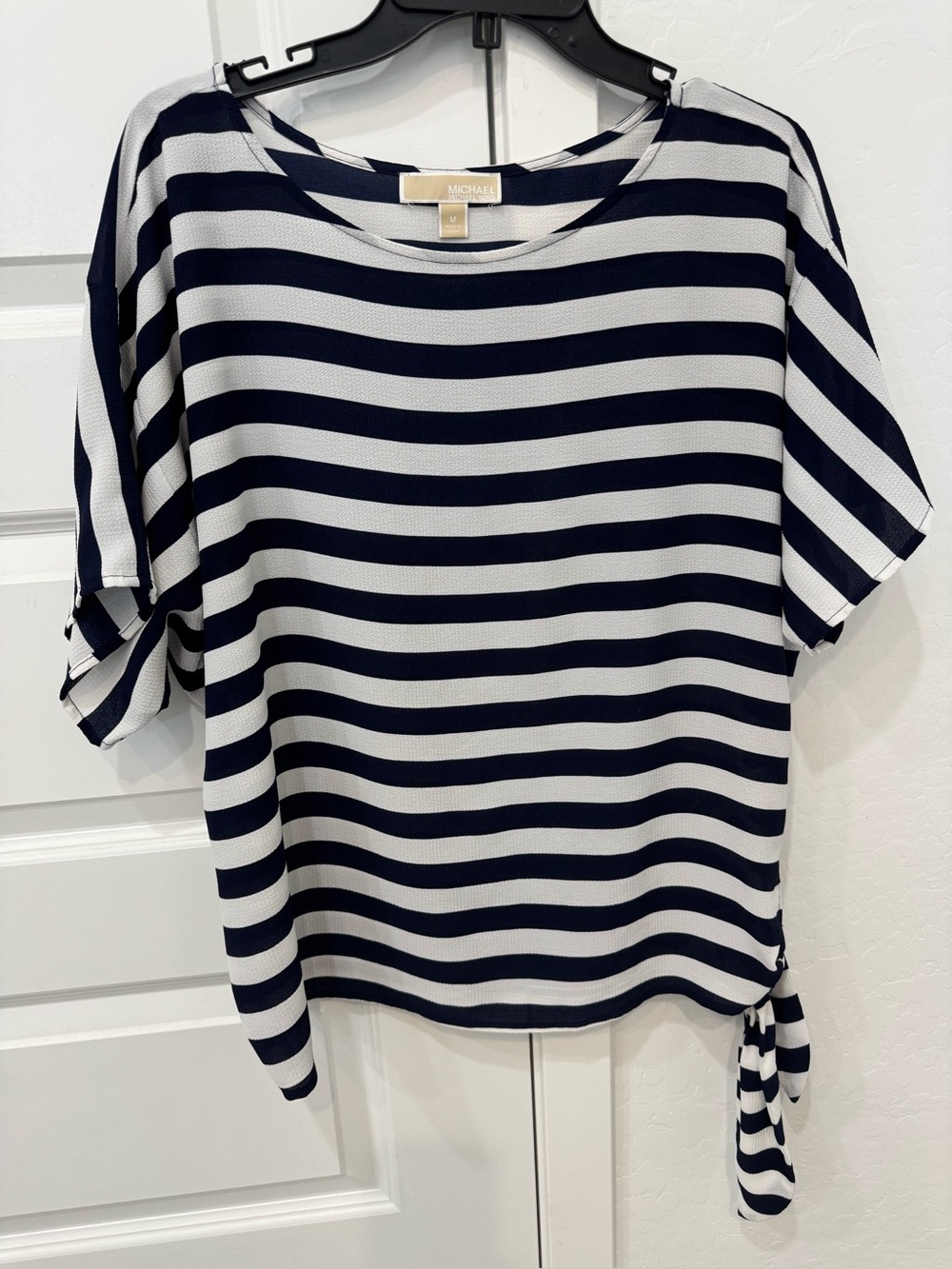 MICHAEL Michael Kors Navy and White Striped Short-Sleeve Tie-Side Top